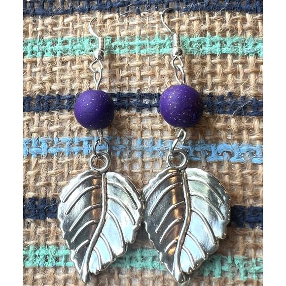Handmade Silver Leaf Dangle Earrings with Purple Clay Bead – 2.75" Long - Picture 2 of 3